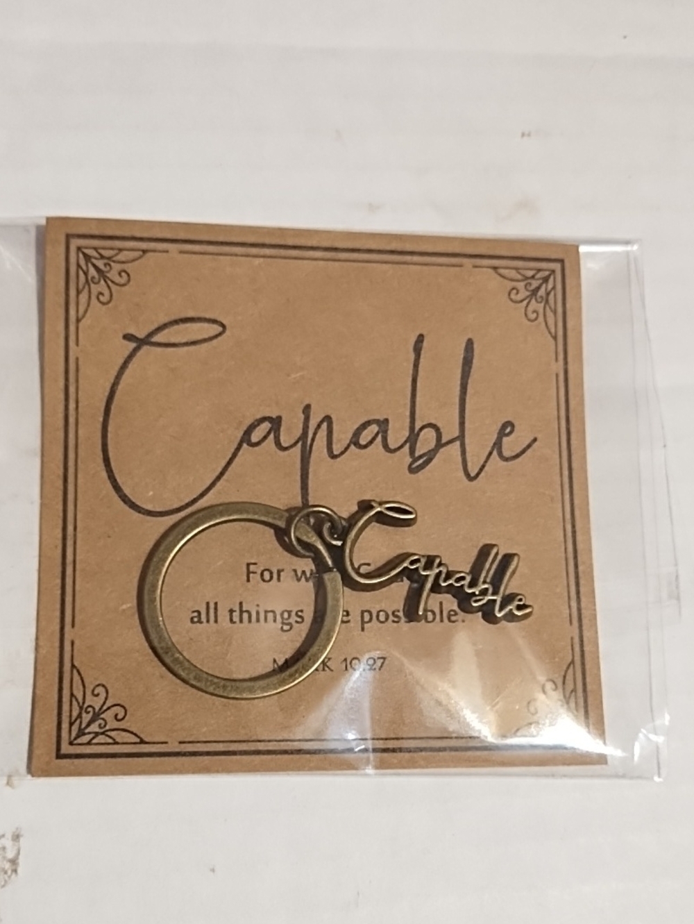 New Capable Script Charm Keyring - Gold Tone